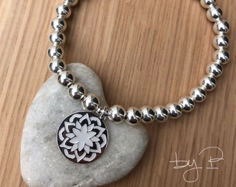 Bracelet en argent 925ème, perles de 6 mm et médaille mandala, perles de 4 ou 5 mm en option