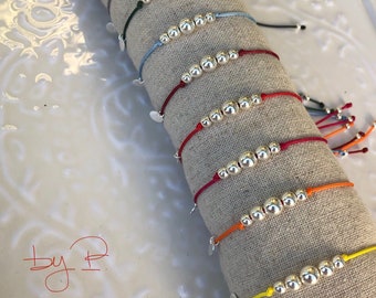 Bracelet en argent 925ème, mix de perles sur cordon coulissant, nombreux coloris de cordons au choix
