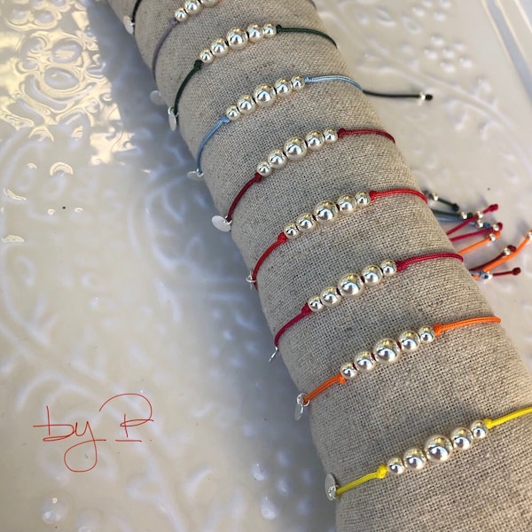 Bracelet en argent 925ème, mix de perles sur cordon coulissant, nombreux coloris de cordons au choix