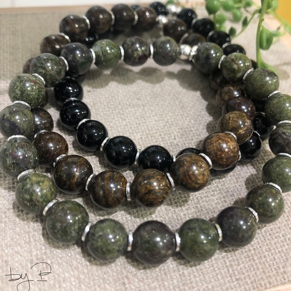 Bracelet pour hommes, pierres naturelles 8 mm en Bronzite, Jaspe sang de dragon ou Onyx, sequins 4 mm en argent 925 brossé