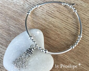 Bracelet pompon, tubes et perles en argent 925ème