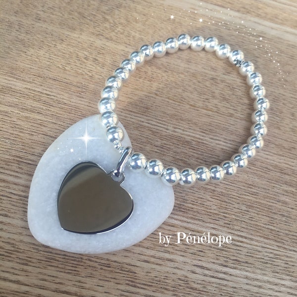 Bracelet aux grosses perles et médaille coeur en argent 925ème