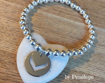 Bracelet en argent 925ème, perles de 6 mm, médaille ronde coeur découpé