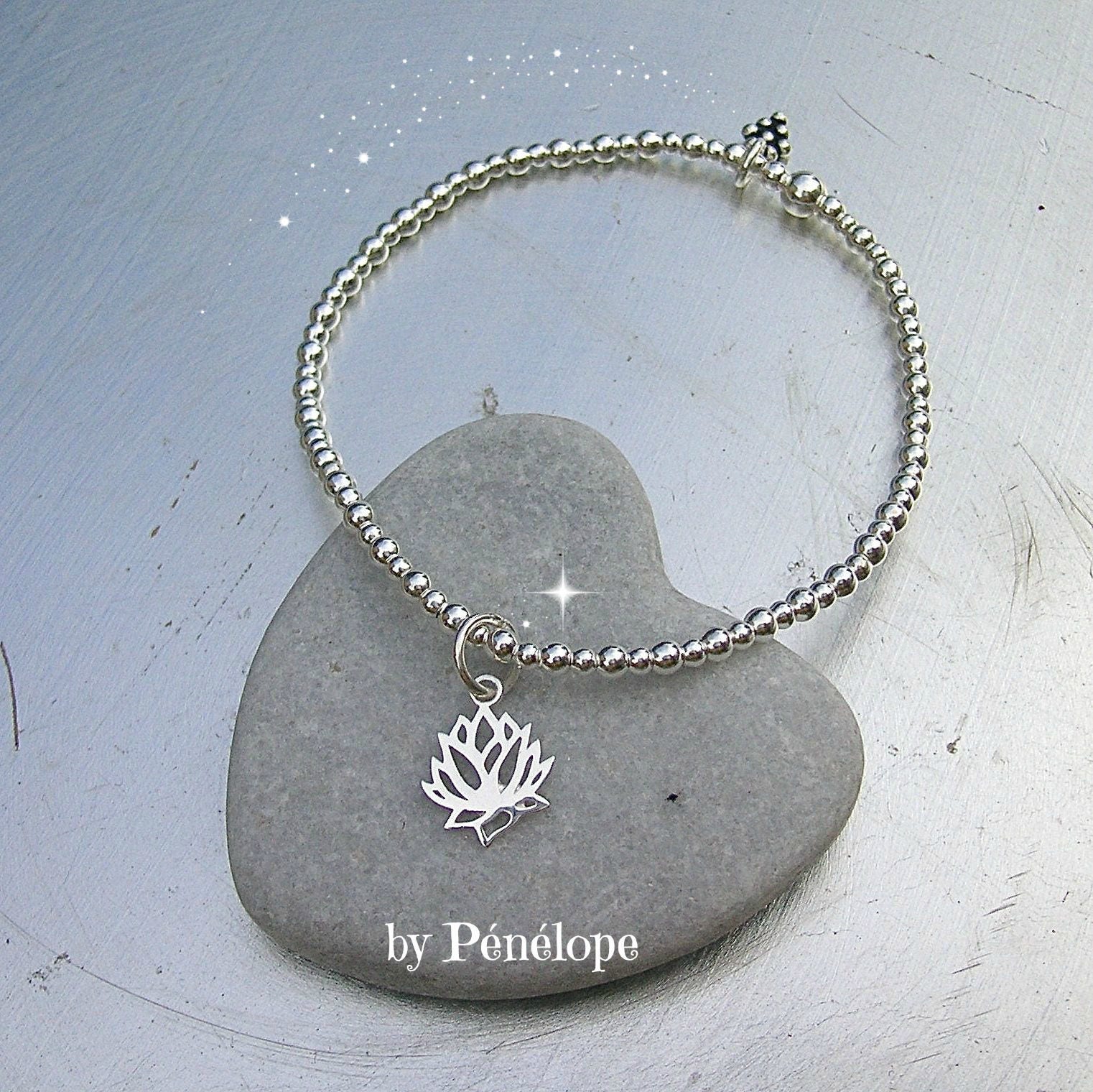 Bracelet fleur de lotus et perles en argent 925ème