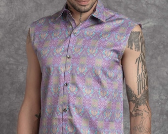 Shipibo Art Button down shirt sleeveless, Festival clothing men, Psychedelic button up, Funky shirts, geometric print tribal boho shirt