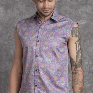 Shipibo Art Button down shirt sleeveless, Festival clothing men, Psychedelic button up, Funky shirts, geometric print tribal boho shirt