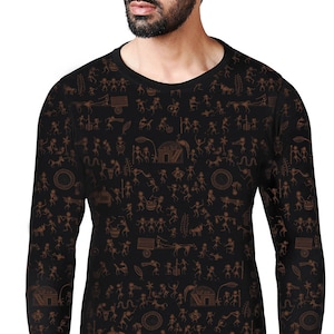 Warli Art Langarm T-Shirt - Grafik Vollarm- All over Print - Wald T-Shirt - Tribal Kleidung - Indien Art T-Shirt - Grafik Kleidung