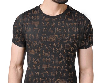 Geometric T shirt- Screen Printed T-shirt- Indian Warli Art shirt- Tribal T shirt- African Print Shirt- Graphic  shirt- Forest t shirt