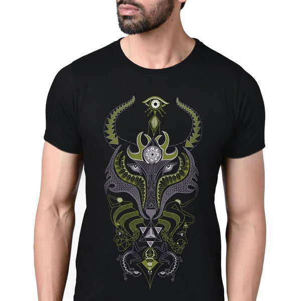 Wolf spirit animal psychedelic t shirt, Shaman ayahuasca t shirt, T shirt with back print, Art graphic t shirt, festival clothing man