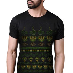 Warrior Tribal African print psychedelic tee, Mens Graphic T-shirt, all over screen print Occult psy trance clothing