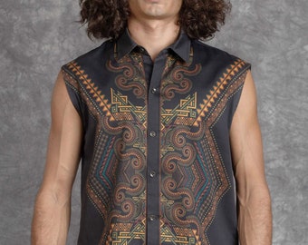 Sacred Geometry Button up shirt, Shaman Art clothing, Psychedelic button down shirt, Festival clothing men, Trippy shirt, Tribal boho shirt