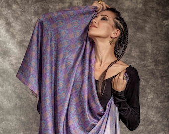 Shipibo Art printed silk scarf, Designer luxury scarf, long purple scarf ,silk shawl Purple, geometric wrap around scarf, festival clothing