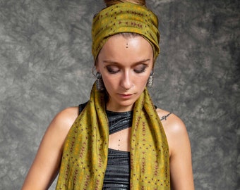 Long Silk scarf head wrap, tribal print scarf, Designer scarf, luxury scarf, Beach scarf sarong, neck scarf, Olive green  wrap around