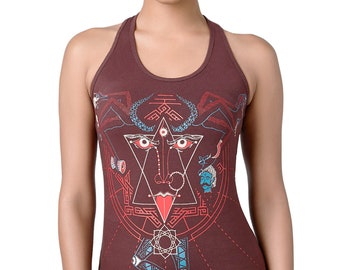 Diosa india Kali Tank top Geometría sagrada boho trippy correa psicodélica alternativa top cráneos tribales yoga oscuro top racerback marrón