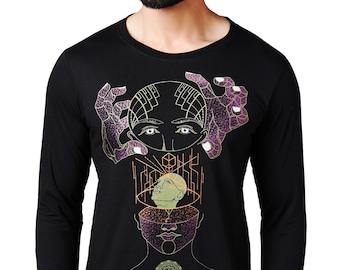 Graphic art long sleeve T-shirt- Dm tshirt- Visionary art clothing- Psychedelic art full sleeves- Screen Printed art t-shirt- Sci fi shirt