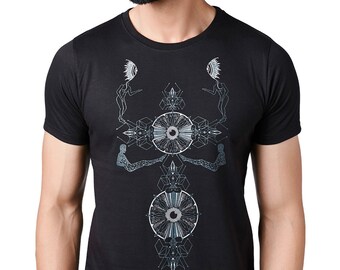 Trishul Indian spiritual symbol Visionary art T-shirt, Eye of the Universe psychedelic trippy graphic tee, Trance festival clothing men