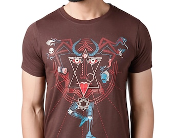 Kali dance of time Indian Goddess sacred geometry T-shirt, Psychedelic visionary art trippy stoner graphic men tee,Skulls back print tshirt