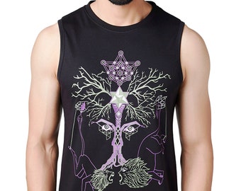 Sacred Geometry T-shirt, Psychedelic print sleeveless T-shirt, Tree of life t-shirt, streetwear clothing, burning man, psy trance clothing