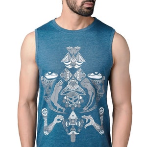 Psychedelic art T-shirt with shipibo back print, Shaman ritual art men&#39;s tank top, doof clothing, psy trance mens festival clothing