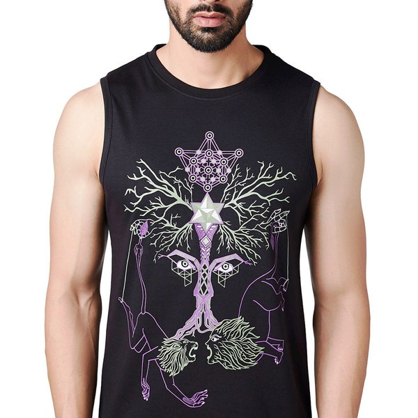 Sacred Geometry T-shirt, Psychedelic print sleeveless T-shirt, Tree of life t-shirt, streetwear clothing, burning man, psy trance clothing