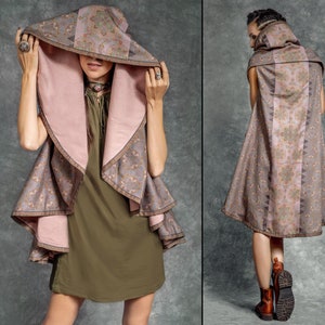 Sacred Geometry Kimono hood jacket, Tribal Cape Poncho, Psychedelic festival outfit, boho hooded robe viking, Long Coat belted cardigan
