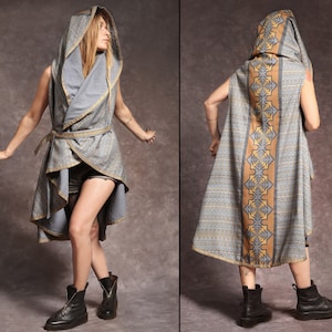 Hooded Reversible Kimono jacket, Festival clothing women,Sacred geometry shaman Cape Poncho Robe, boho hood cloak shrug,Belted Cardigan coat