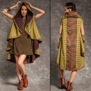 Reversible kimono hoodie jacket, Tribal boho outfit, hooded cloak poncho cape, festival clothing, belted cardigan, Long overcoat kimono robe