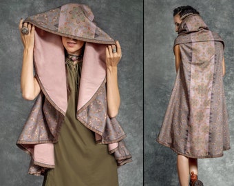 Sacred Geometry Kimono hood jacket, Tribal Cape Poncho, Psychedelic festival outfit, boho hooded robe viking, Long Coat belted cardigan