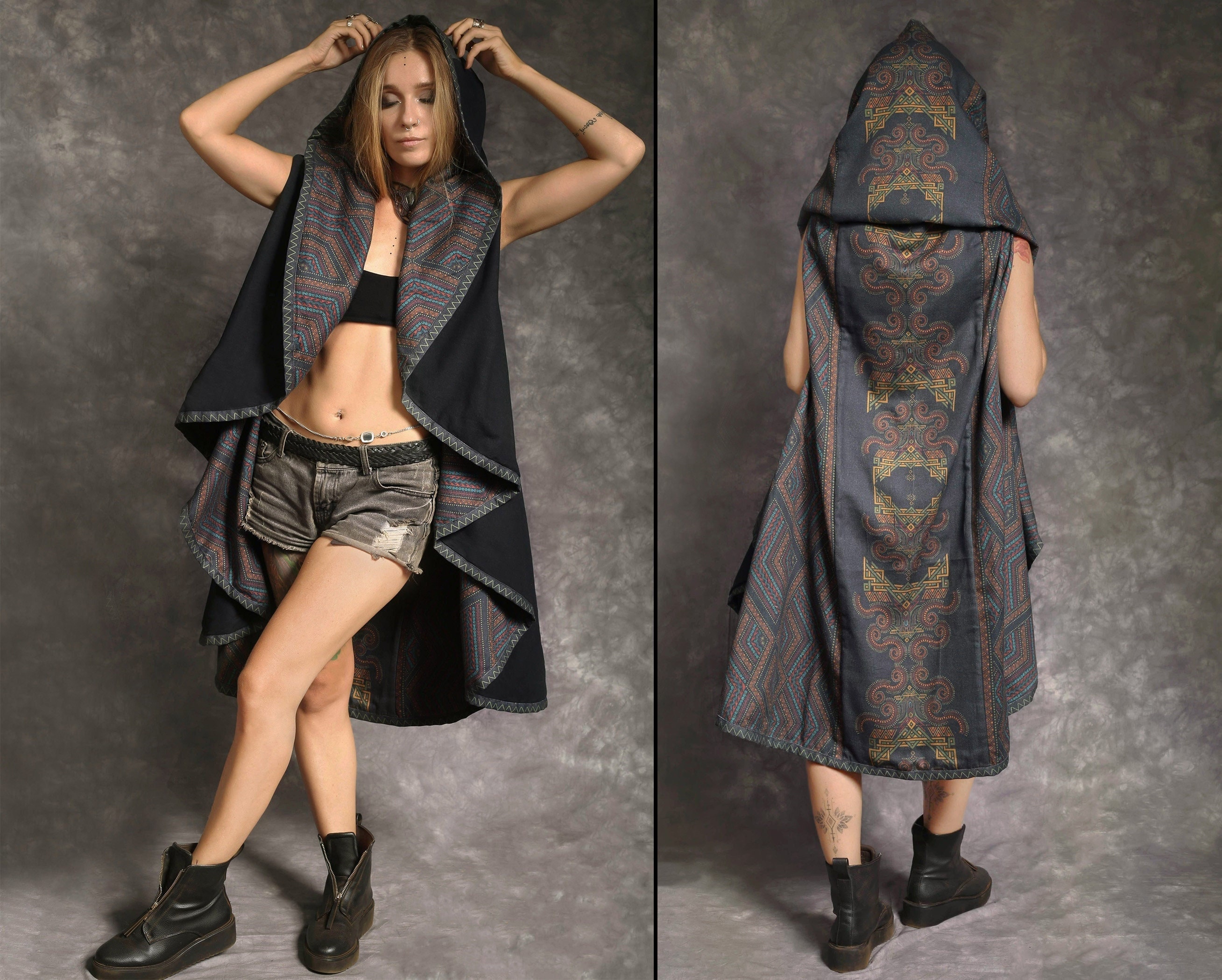 Reversible Kimono Boho Tribal Jacket, Hooded Cardigan, Cloak With Hood