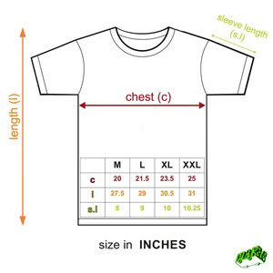 May include: A size chart for a t-shirt with measurements in inches for chest, length, and sleeve length. The chart shows sizes M, L, XL, and XXL.