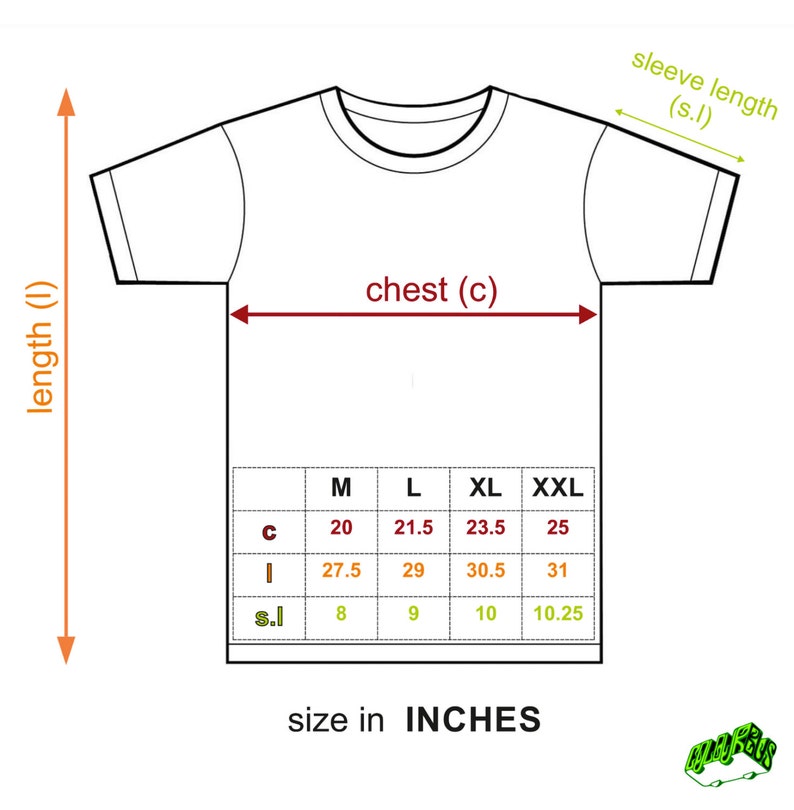 May include: A size chart for a t-shirt with measurements in inches for chest, length, and sleeve length. The chart shows sizes M, L, XL, and XXL.