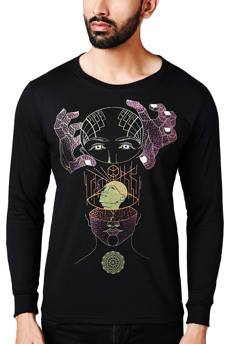 Grafisches Kunst-Langarm-T-Shirt Dm-T-Shirt Visionäre Kunstkleidung Psychedelische Kunst-Vollärmel Siebdruck-Kunst-T-Shirt Sci-Fi-Shirt Bild 4