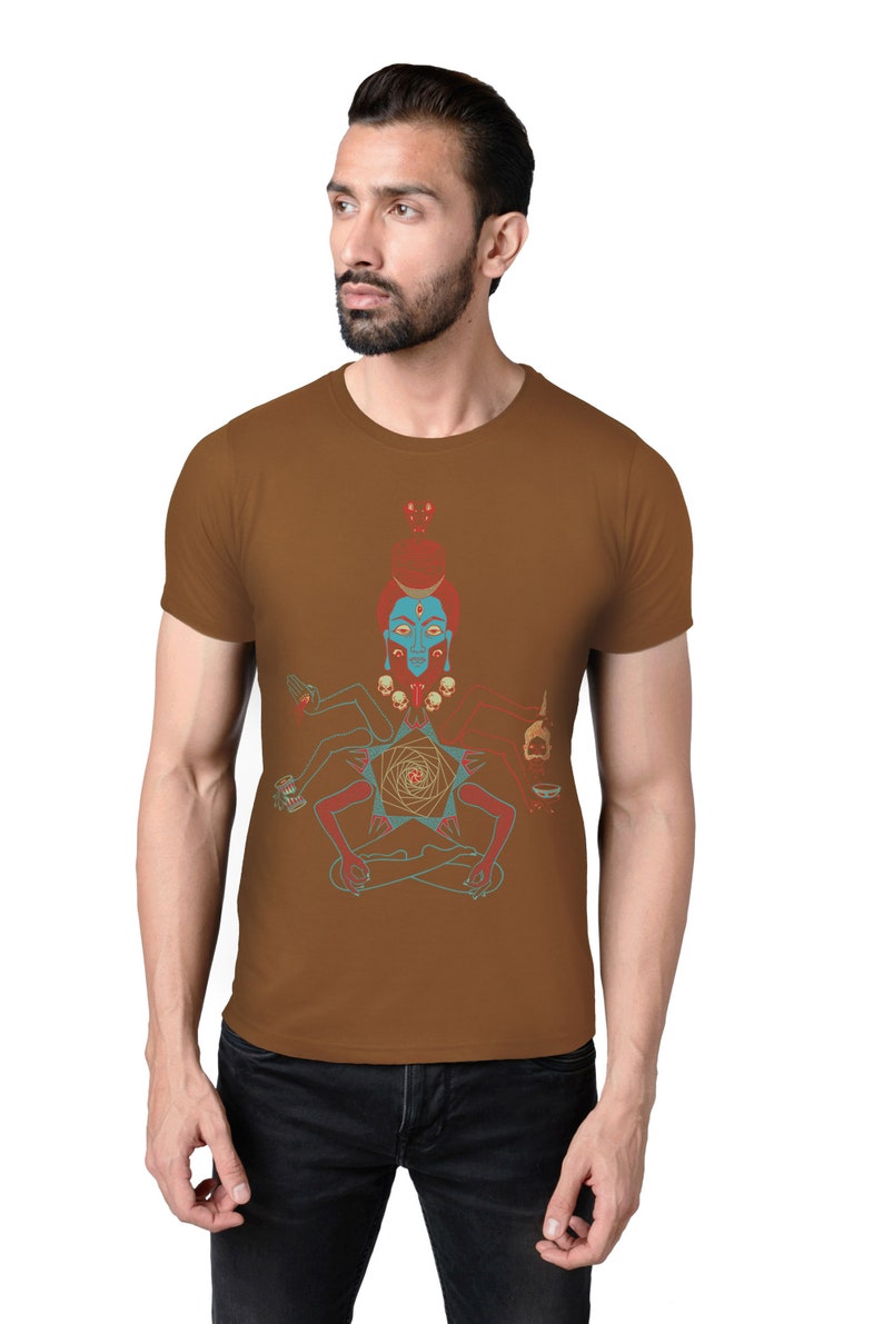 May include: A brown t-shirt with a graphic print of a blue and red deity with multiple arms and a geometric design in the center.