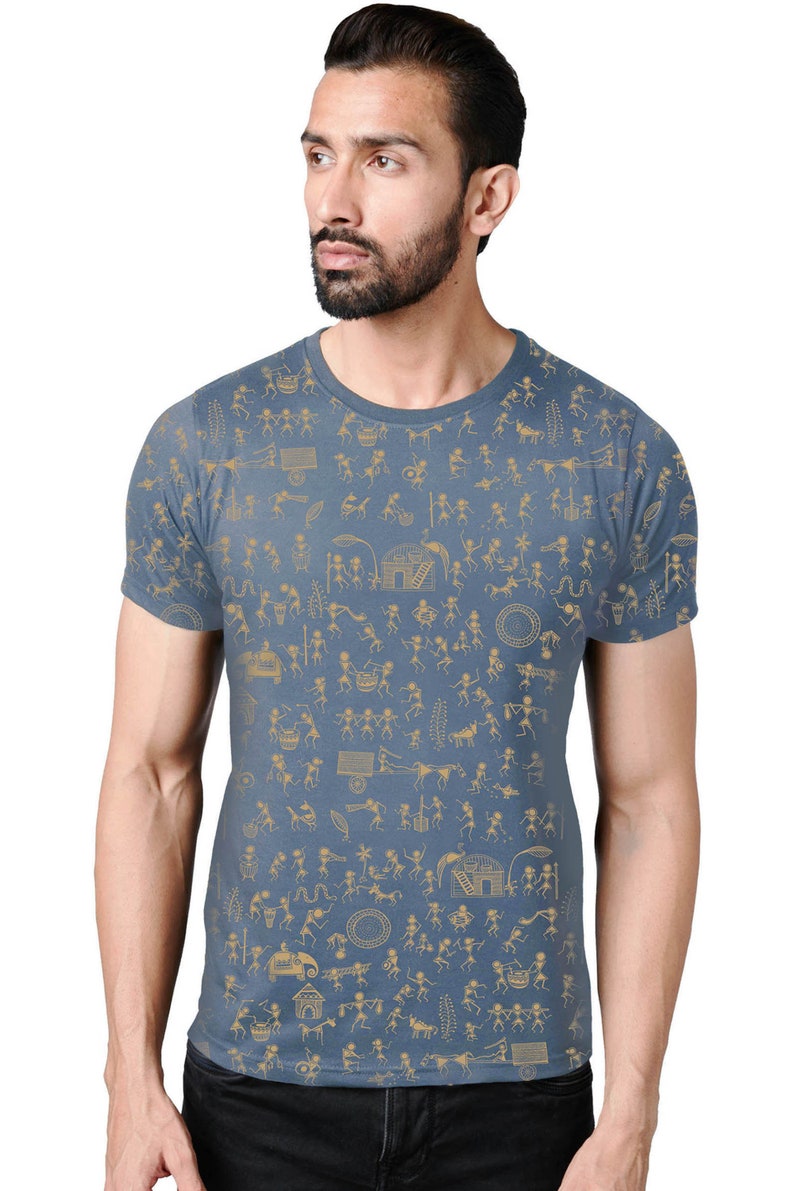 Geometric T shirt Screen Printed T-shirt Indian Warli Art shirt Tribal T shirt African Print Shirt Graphic shirt Forest t shirt image 5