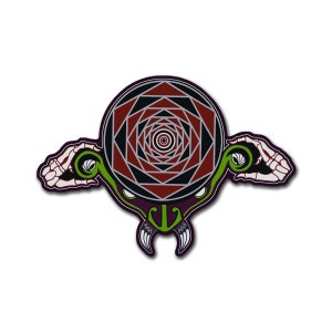 May include: A black and red geometric design with a swirling pattern in the center. Two green skeletal hands with eyes hold the design on either side. The design is on a purple background.