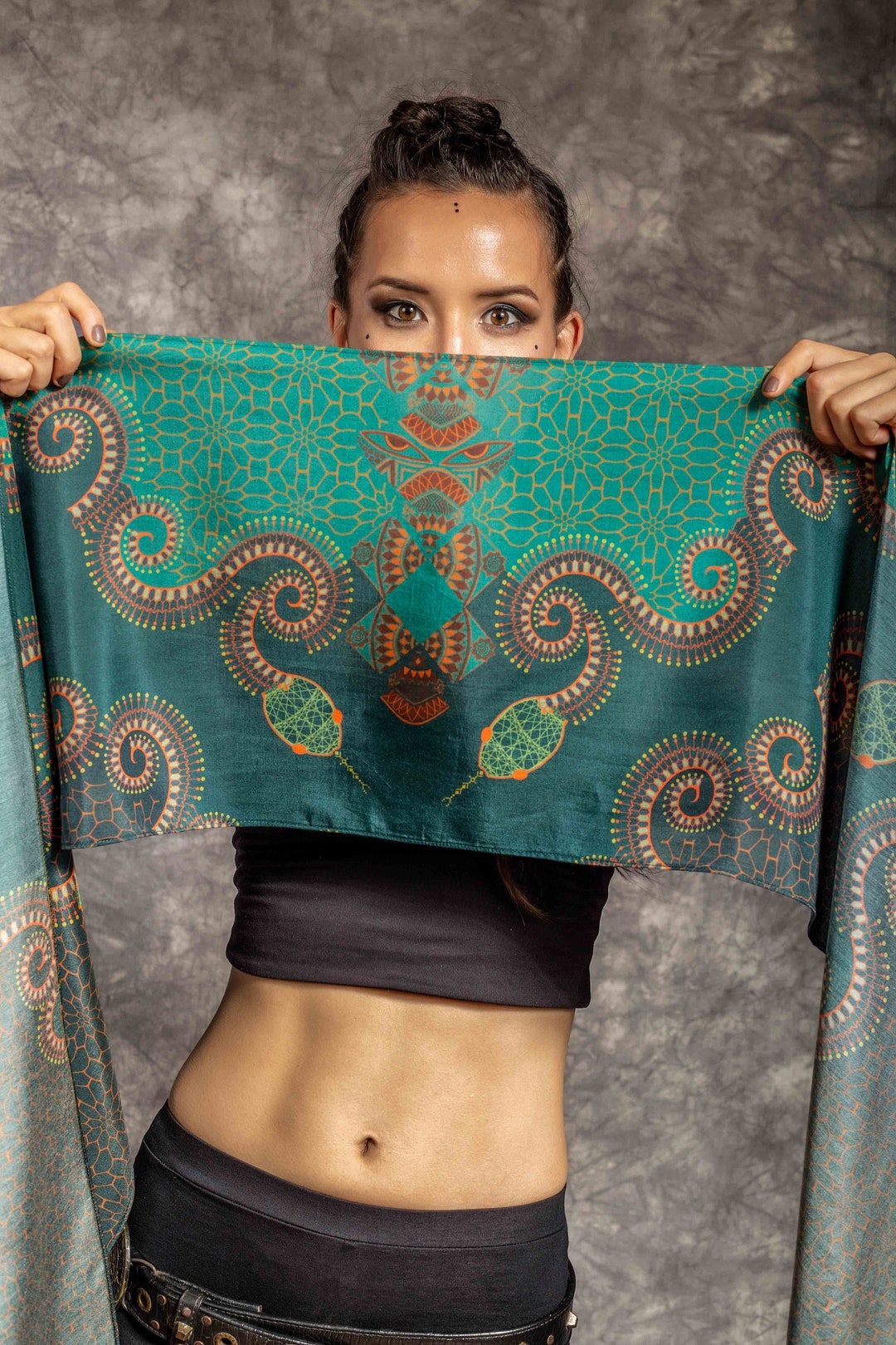 Printed Silk Scarf Snake Art, Designer Head Scarf, Geometric Small