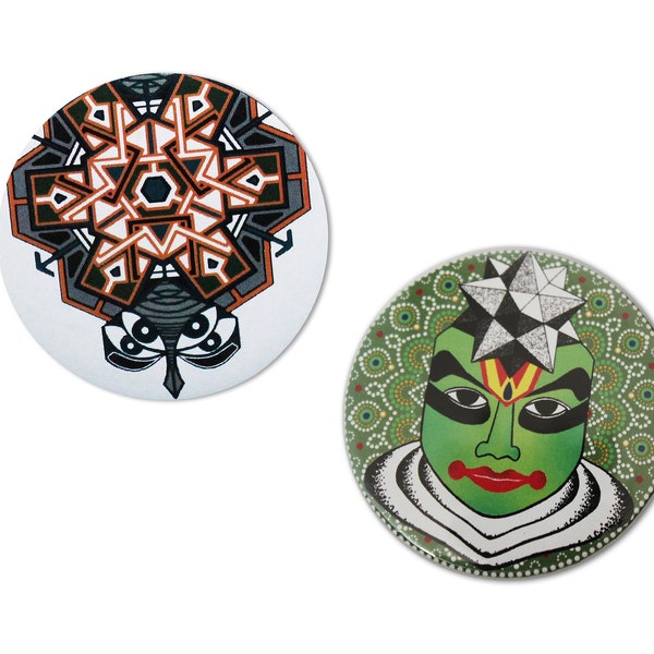 Mandala Pinback button badge, Kathakali, art Pin Button, creative art eye pin badges, sacred geometry, quirky gifts, indian art collectibles