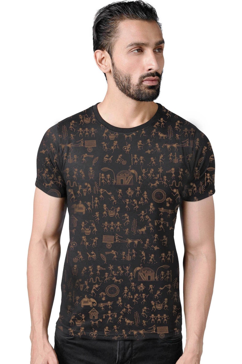 Geometric T shirt Screen Printed T-shirt Indian Warli Art shirt Tribal T shirt African Print Shirt Graphic shirt Forest t shirt image 1