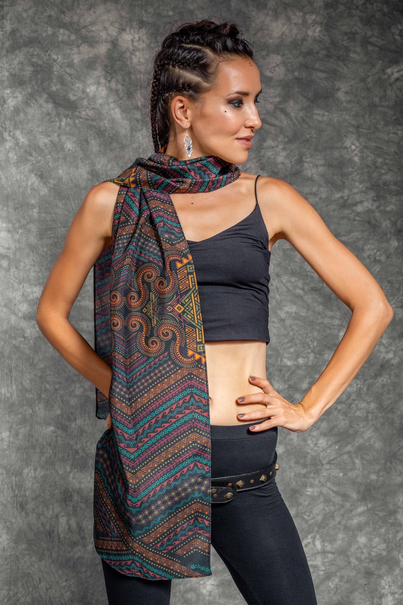 Boho Silk Scarf, designer head scarf, Festival printed scarf, sacred geometry Psychedelic scarf, Shaman scarf, art scarf, luxury soft scarf image 5