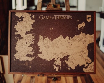 Cork Westeros and Essos Map (Game of Thrones) - Printed (directly) in Cork technique - With Laminated Walnut Wood Frame