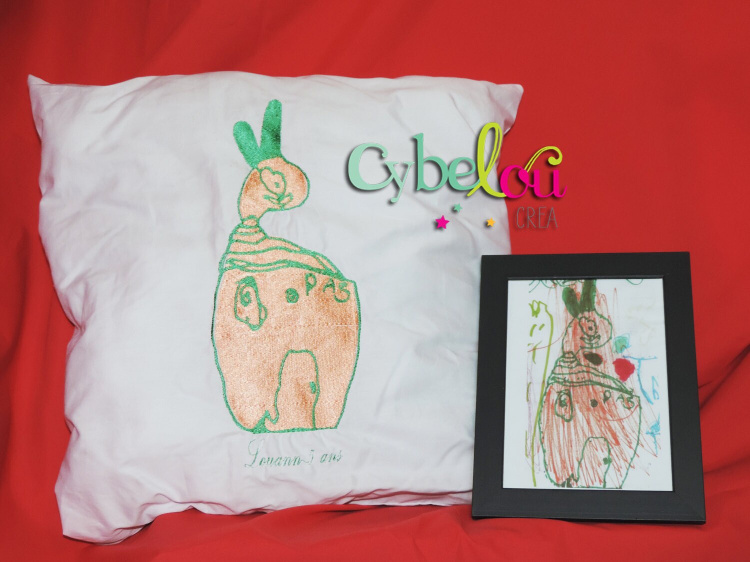 Coussin Brodé d'après Le Dessin de Votre Enfant