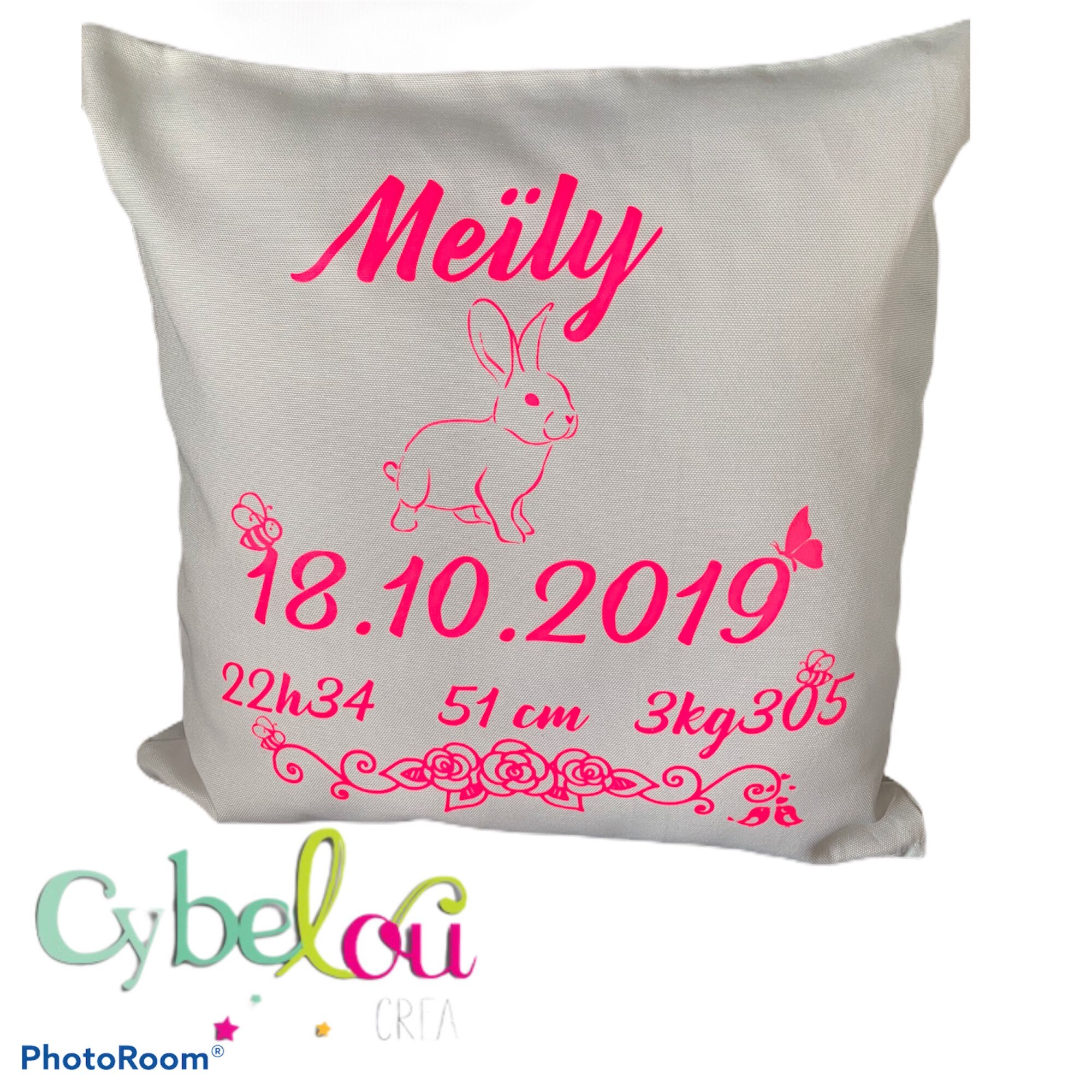 Coussin de Naissance Personnalisé Motif Lapin