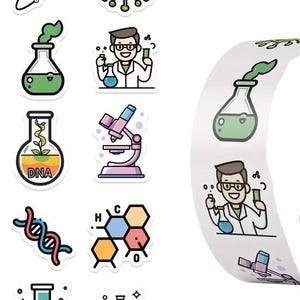 May include: A selection of colourful science-themed stickers. Designs include a virus, a scientist, beakers, a microscope, DNA strands, and chemical structures. The stickers are outlined in black and have a white background.