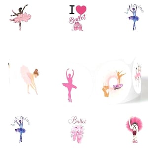 May include: A roll of white stickers with ballet-themed designs. The stickers feature ballerinas in pink and blue tutus, ballet shoes, and the text "I Love Ballet" and "Born to Dance".