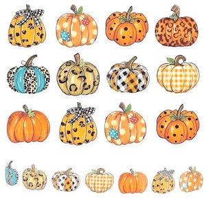 May include: A collection of twenty-two pumpkin stickers featuring various patterns including leopard print, black and white buffalo plaid, orange polka dots, and blue patches. Each pumpkin has a green stem and distinct decorative designs.