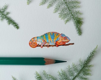 Panther Chameleon Print, Miniature Print From Original Drawing, Pencil Drawing, Miniature Art, Chameleon Print, Reptile Gifts, Reptile Art