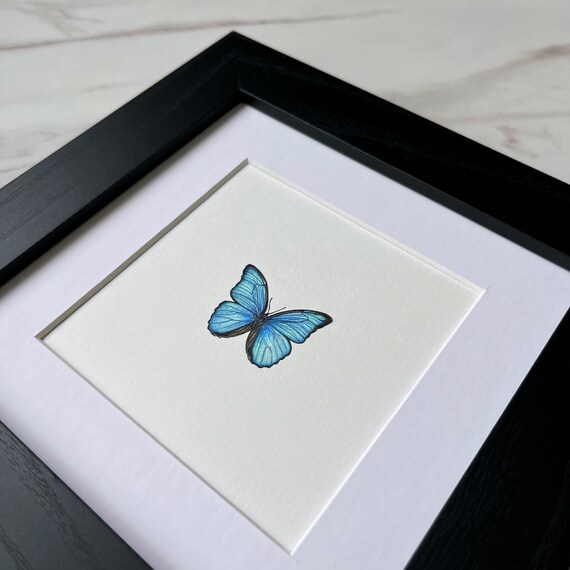 ブルーモルフォ蝶の額入りオリジナルミニチュア絵画、蝶のアート、蝶の