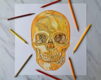 Disegno originale a matita del teschio dorato, arte dorata, opera d'arte a matita