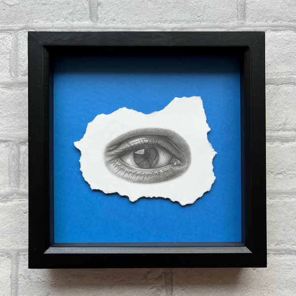 Original eye pencil drawing, black frame, framed artwork, realism drawing, human eye, lovers eye, pop art style, fine art, iris, blue