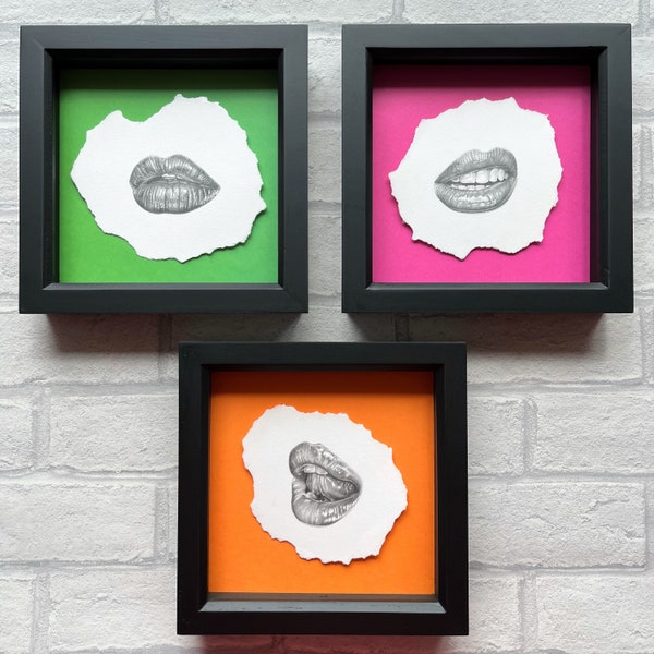 Set of 3 original lips drawings, framed artwork black frames, pop art style wall art, lip drawing, handmade, photo realism art, hand drawn